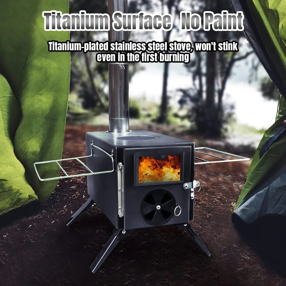 Camp Wood Stove with Chimney Pipes, Heat Resistant Glass & Gloves X570025