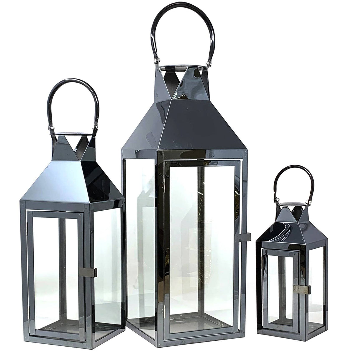 3-Pc Set Indoor/Outdoor Hurricane Candle Lantern Set with Chrome Plated Structure and Tempered Glass B191