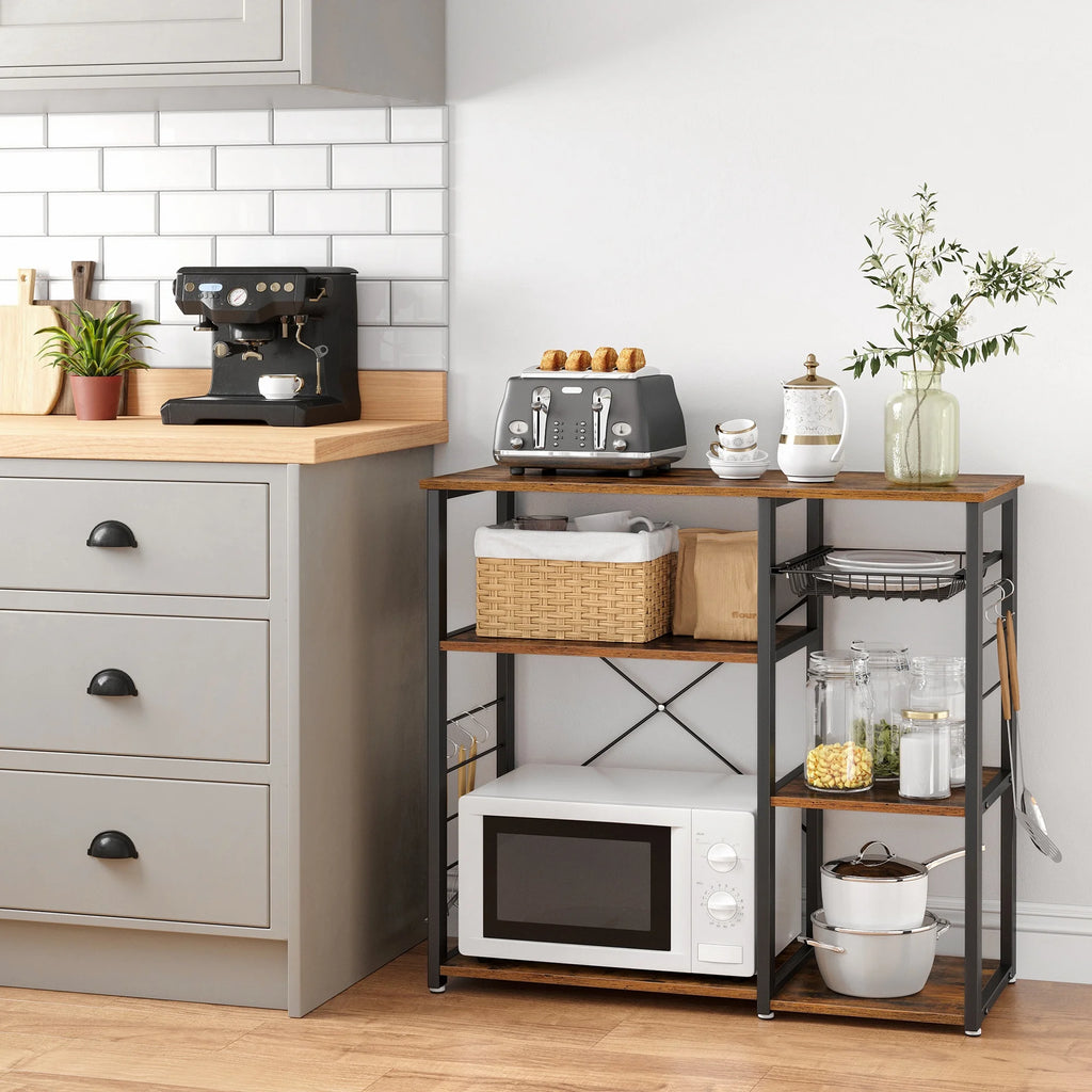 Rustic Brown Kitchen Baker’s Rack with Steel Frame Wire Basket 6 Hooks U3691