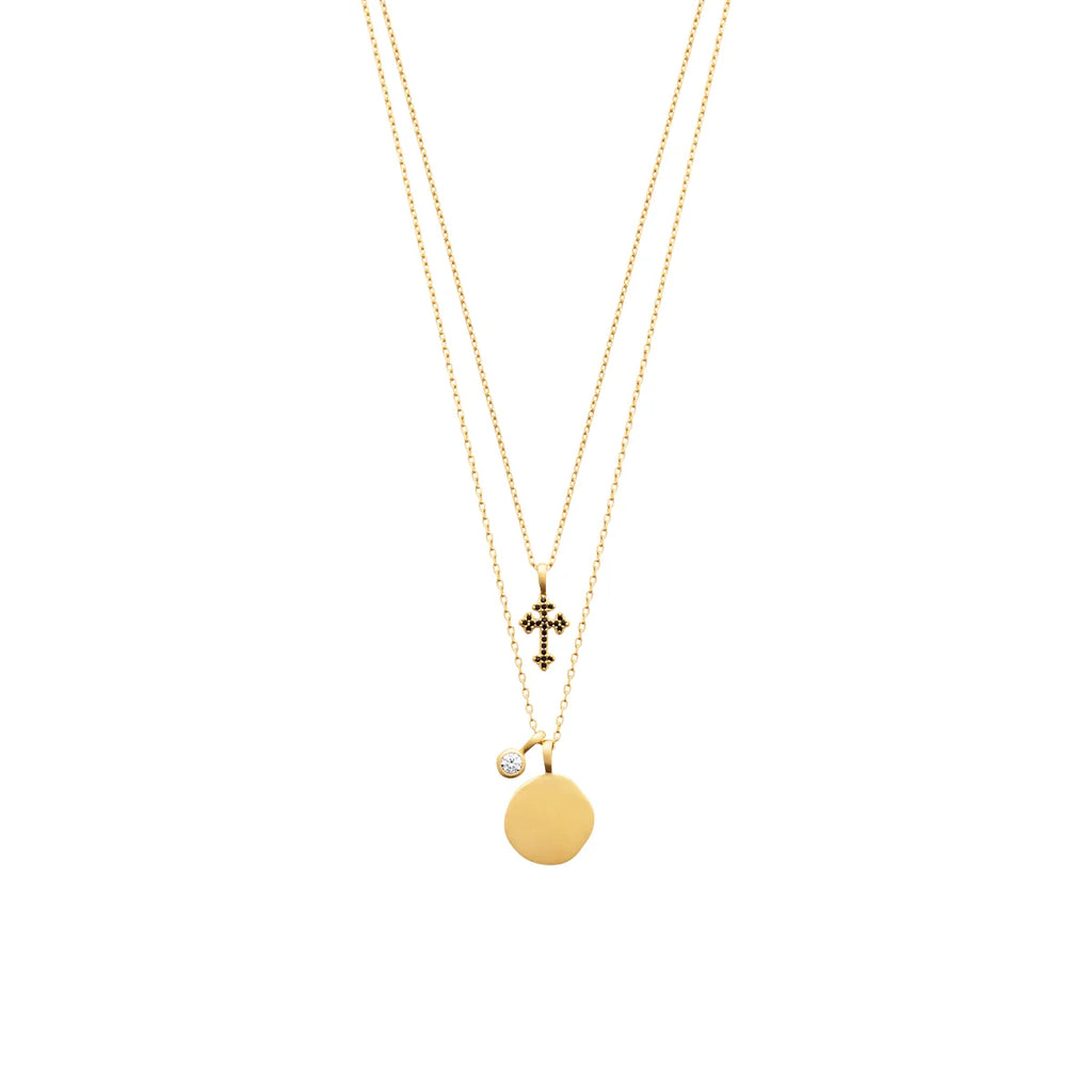 18K Gold Plated Double Necklace with Cubic Zirconia and Black Cross I99591