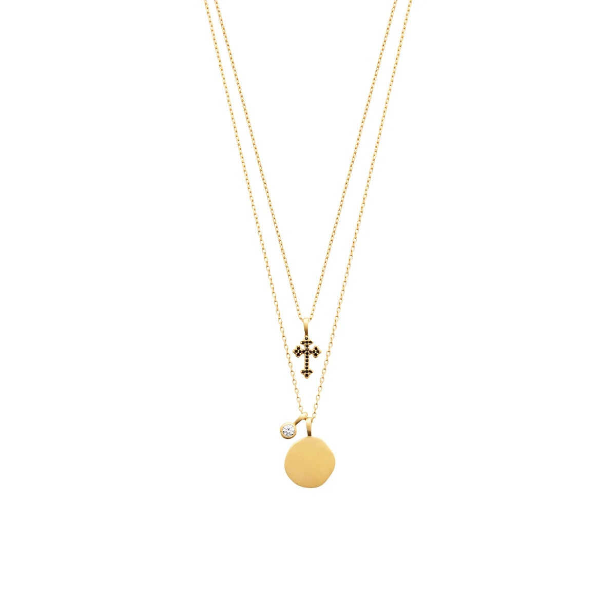 18K Gold Plated Double Necklace with Cubic Zirconia and Black Cross I99591