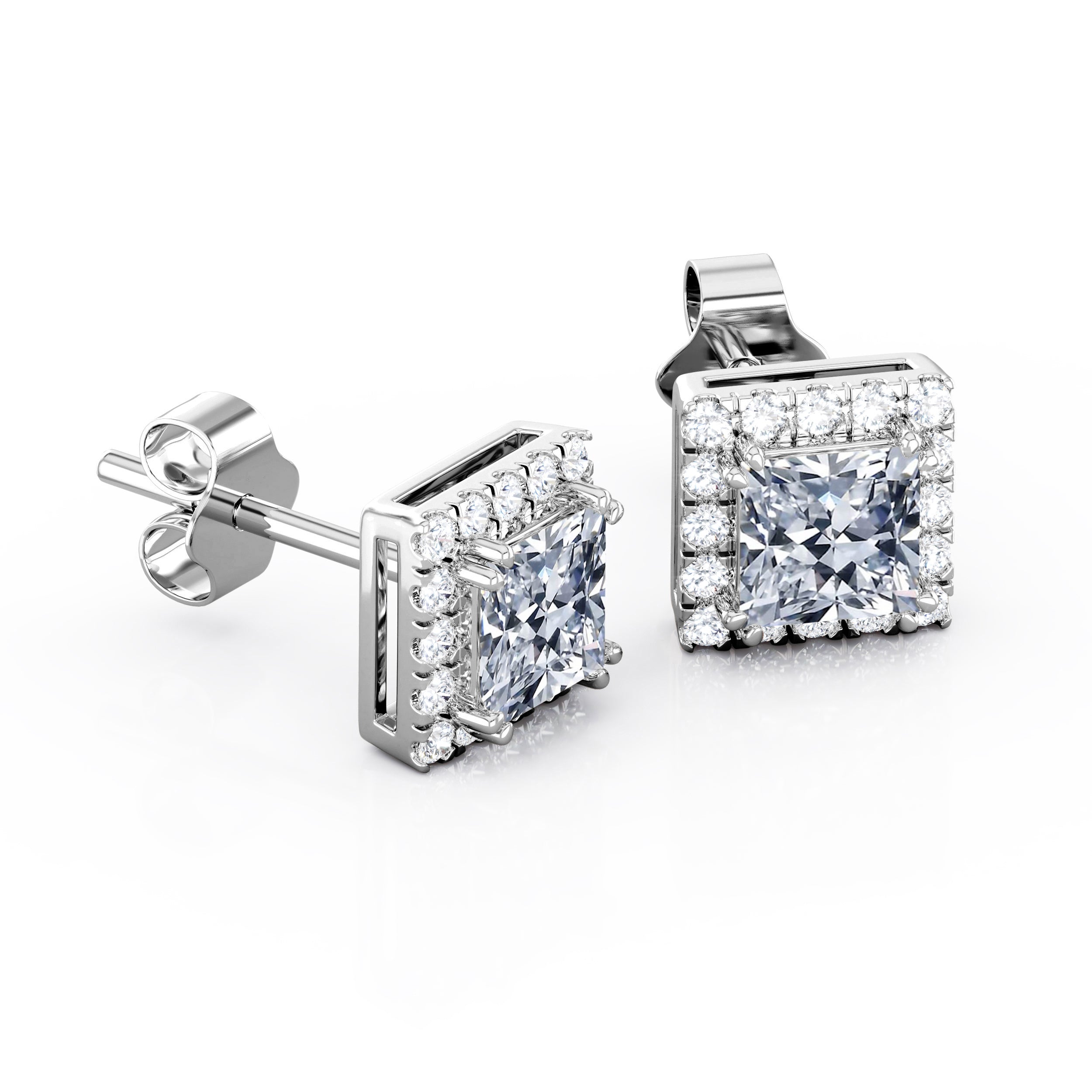Double Prong 0.43 Carat Princess Cut Diamond Halo Stud Earrings in 10K White Gold V164683