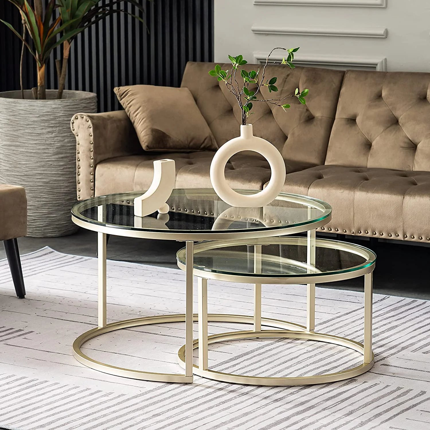 Gold Round Nesting Coffee Table Set of 2 with Tempered Glass H3942