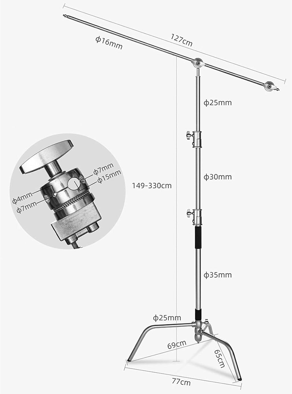100% Stainless Steel Heavy Duty C Stand with Boom Arm, 2 Grip Head O7026