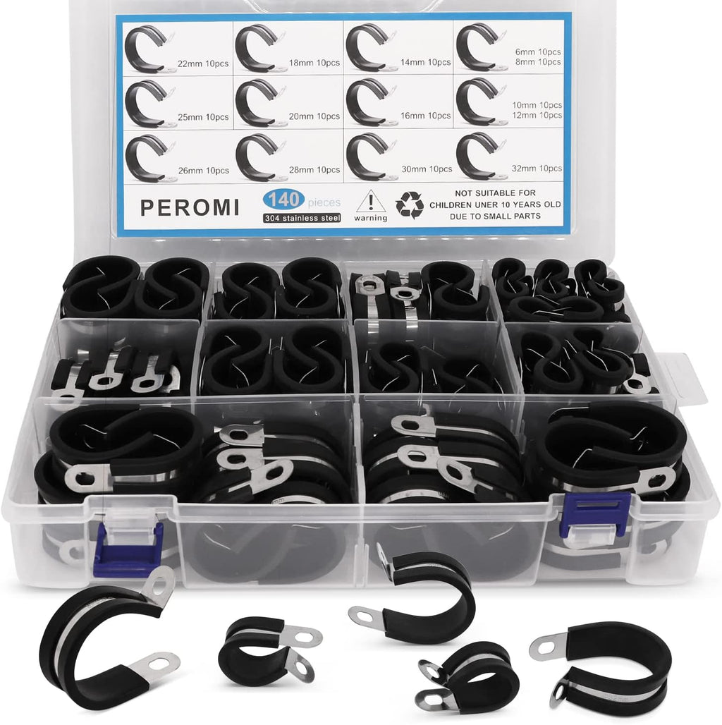 140pcs 304 Stainless Steel Rubber Cushioned Cable Clamps Assortment Kit S3089