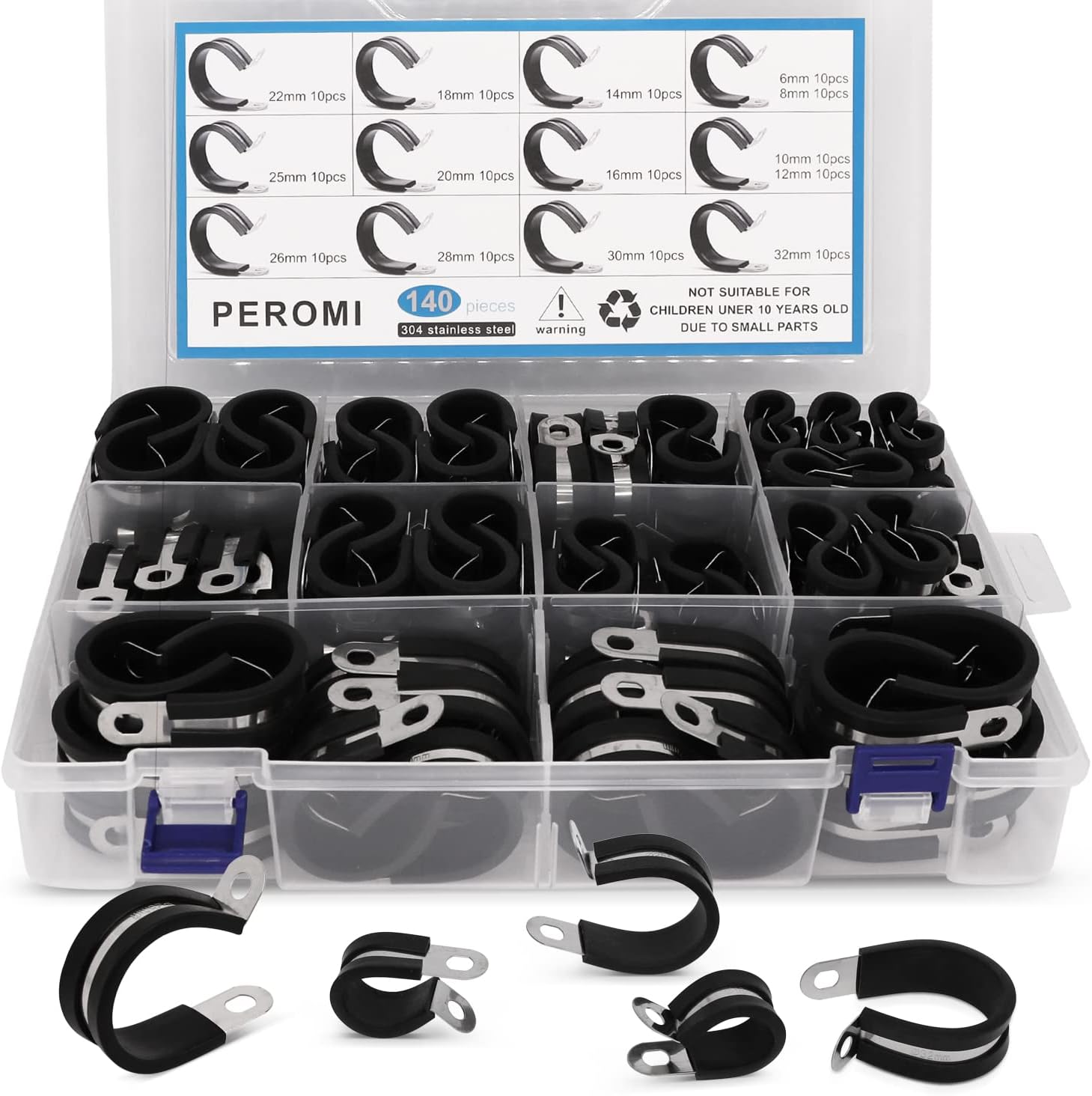140pcs 304 Stainless Steel Rubber Cushioned Cable Clamps Assortment Kit S3089
