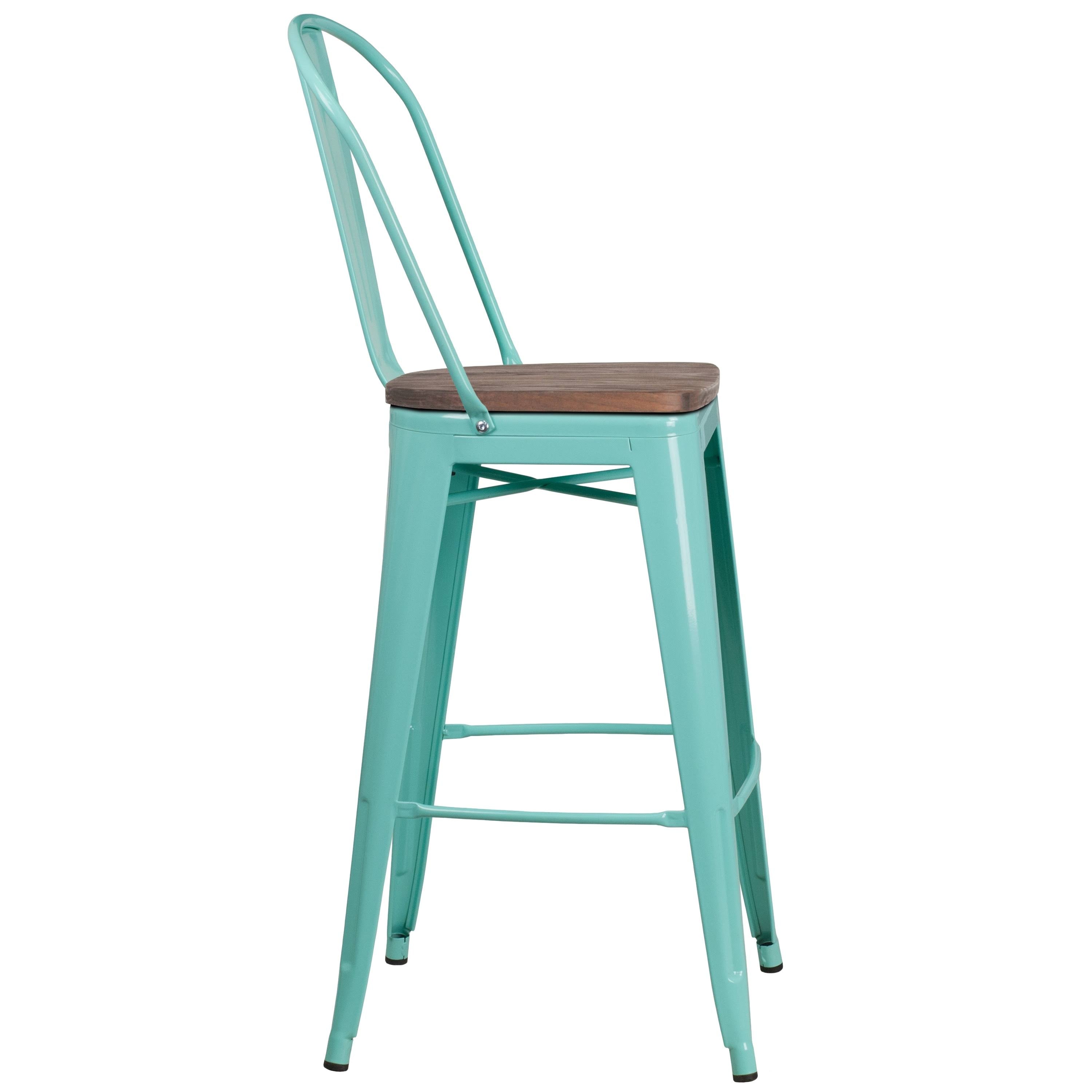 Crystal Teal-Blue Metal Barstool with Wood Seat T72422