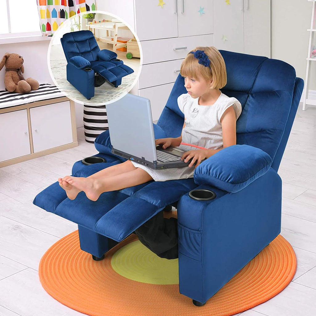 Kids Recliner Chair with Cup Holder Adjustable Velvet Lounge Chair w/Footrest & Side Pockets Ergonomic Toddler Furniture Sofa T326
