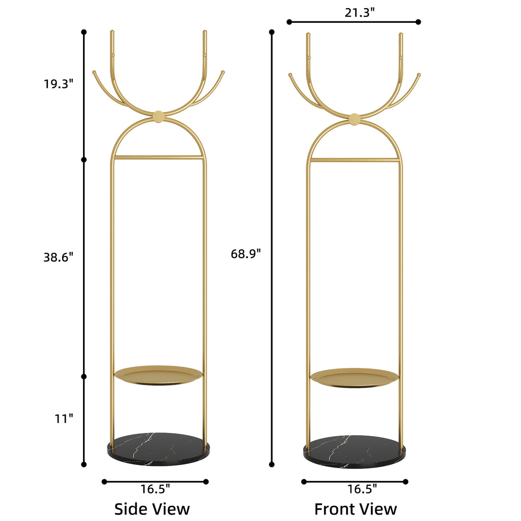 Metal Coat Rack Stand with Shelves and Hooks, Marble Base Z200
