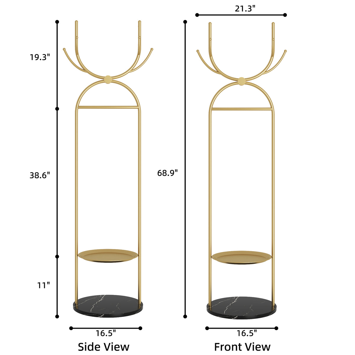 Metal Coat Rack Stand with Shelves and Hooks, Marble Base Z200