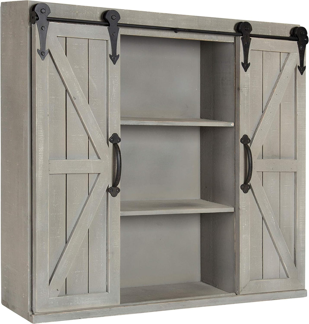 Rustic Gray Wood Wall Storage Cabinet with Two Sliding Barn Doors A549259