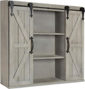 Rustic Gray Wood Wall Storage Cabinet with Two Sliding Barn Doors A549259