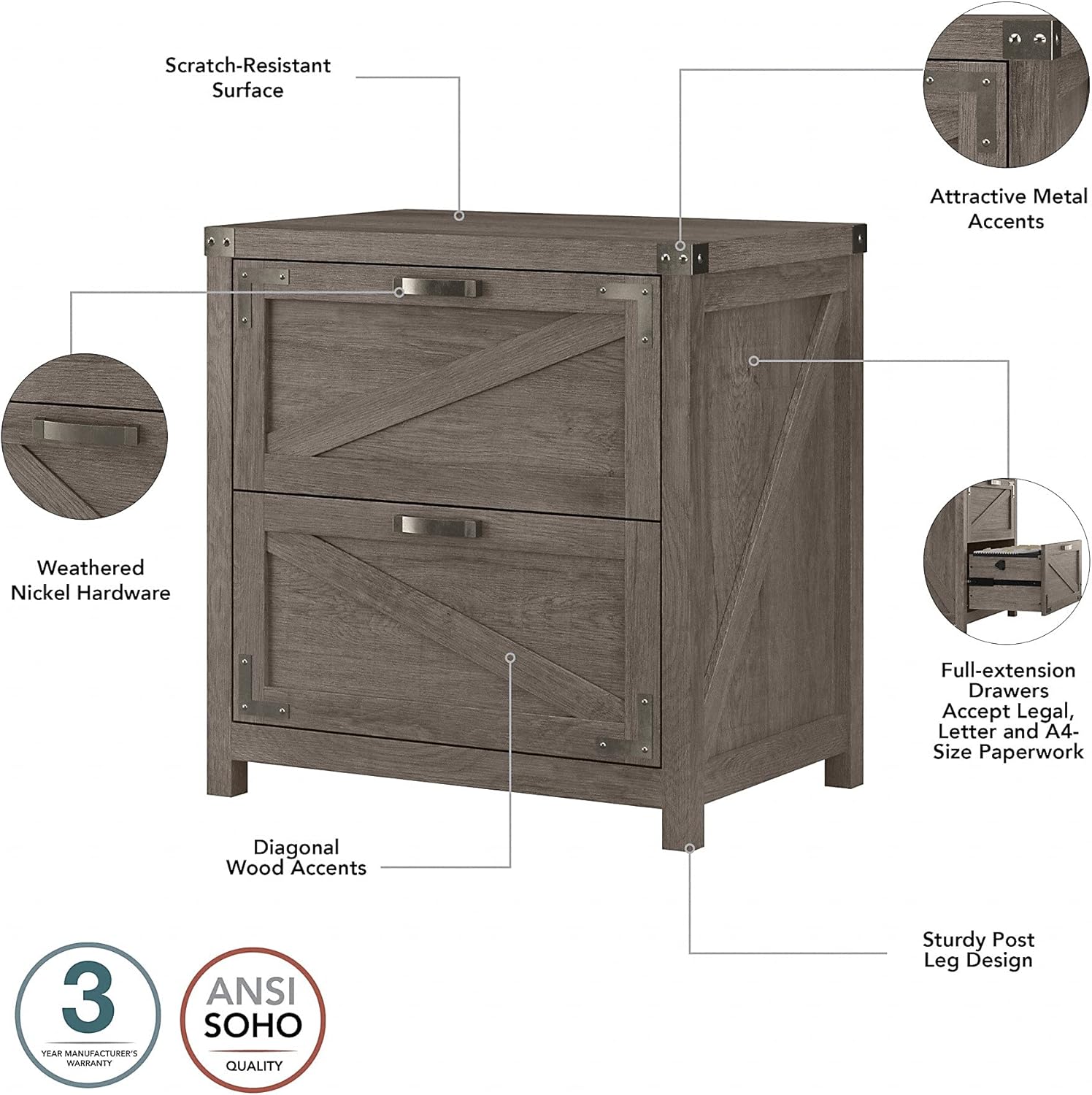 2 Drawer Lateral File Cabinet, Restored Gray V627806
