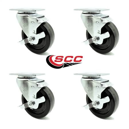 Black Phenolic Wheel Swivel Casters with Brakes, Set of 4 O53658