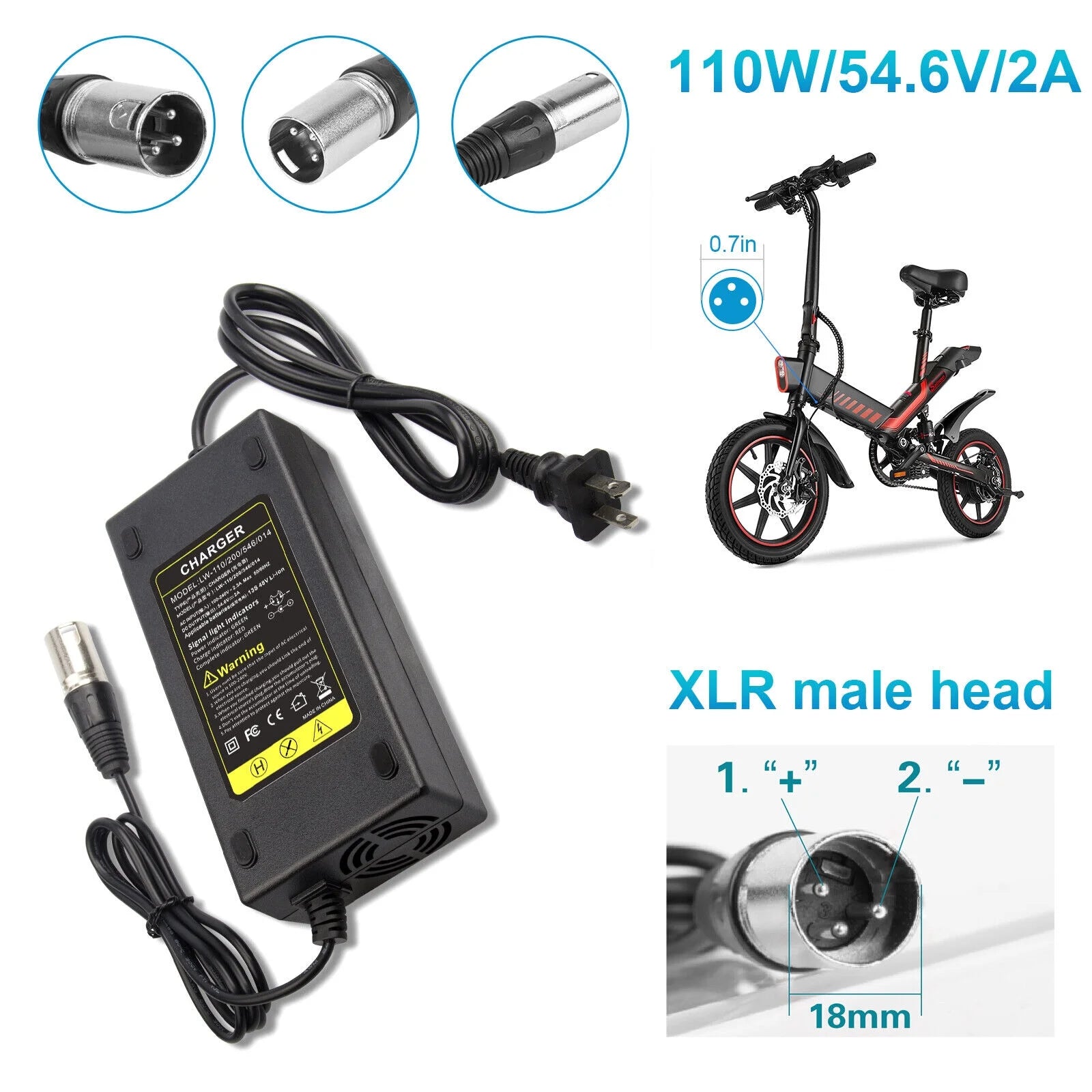 54.6V 2A Charger for 48 Volt Li-Ion Battery Pack Electric Bike B83461