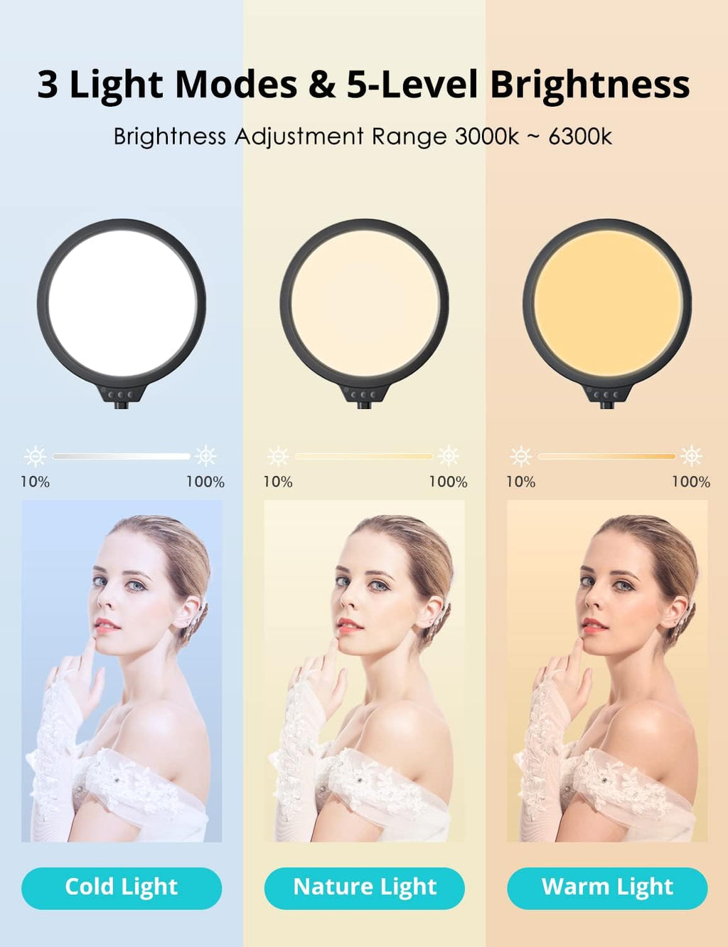 10" LED Video Light with Adjustable Tripod Stand, 3 Modes 5 Brightness Levels, Pack of 2 E892