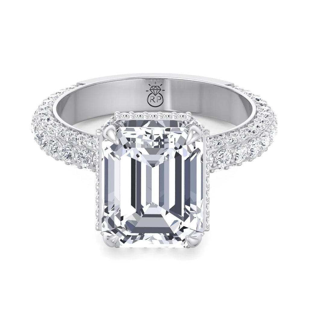 Moissanite Emerald Cut Lab Diamond Engagement Ring with Sidestones and Hidden Halo Q1489
