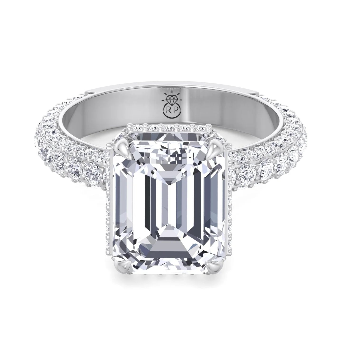 Moissanite Emerald Cut Lab Diamond Engagement Ring with Sidestones and Hidden Halo Q1489