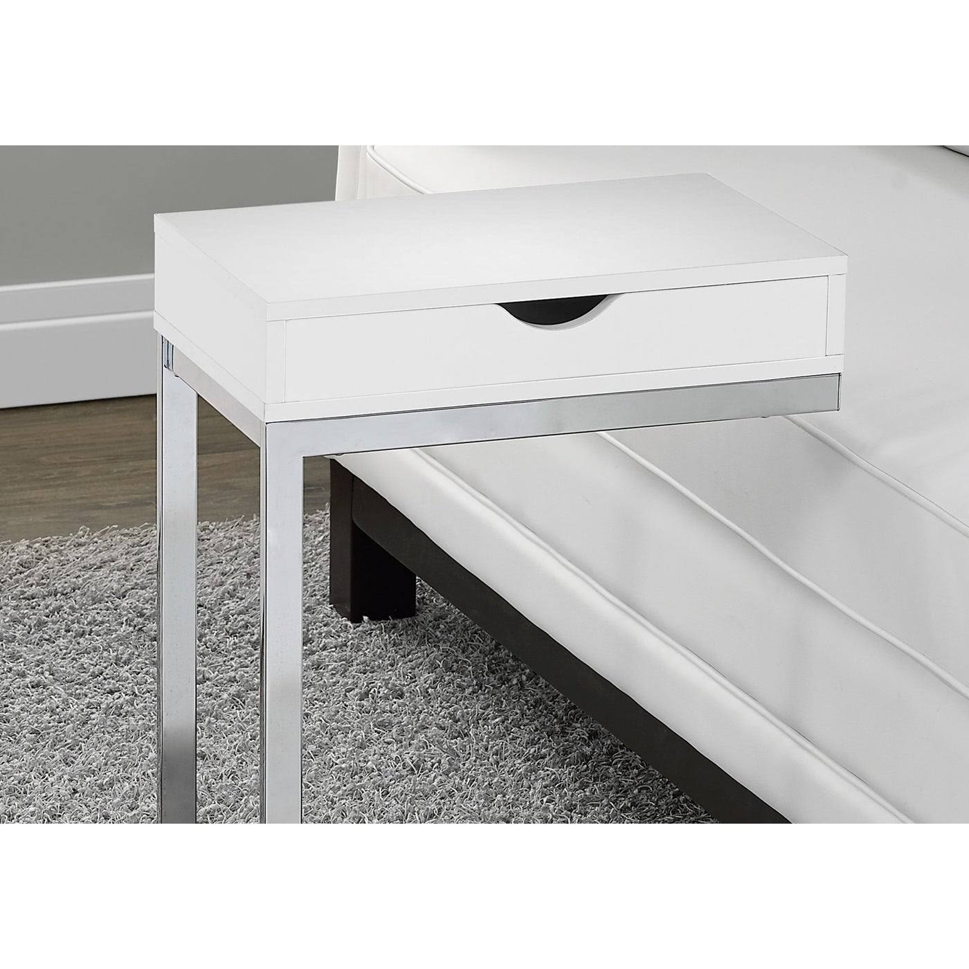 Glossy White Chrome Metal Accent Table with Drawer P52802