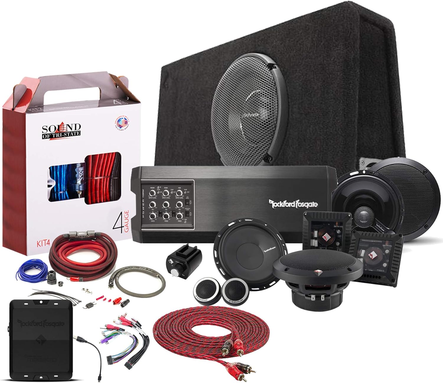 Compact 5-ch Amp with 10 Slim Vented Loaded Enclosure, 6.5 2-Way Speakers, Amp Remote, DSR1, Wiring Kit Bundle W45276