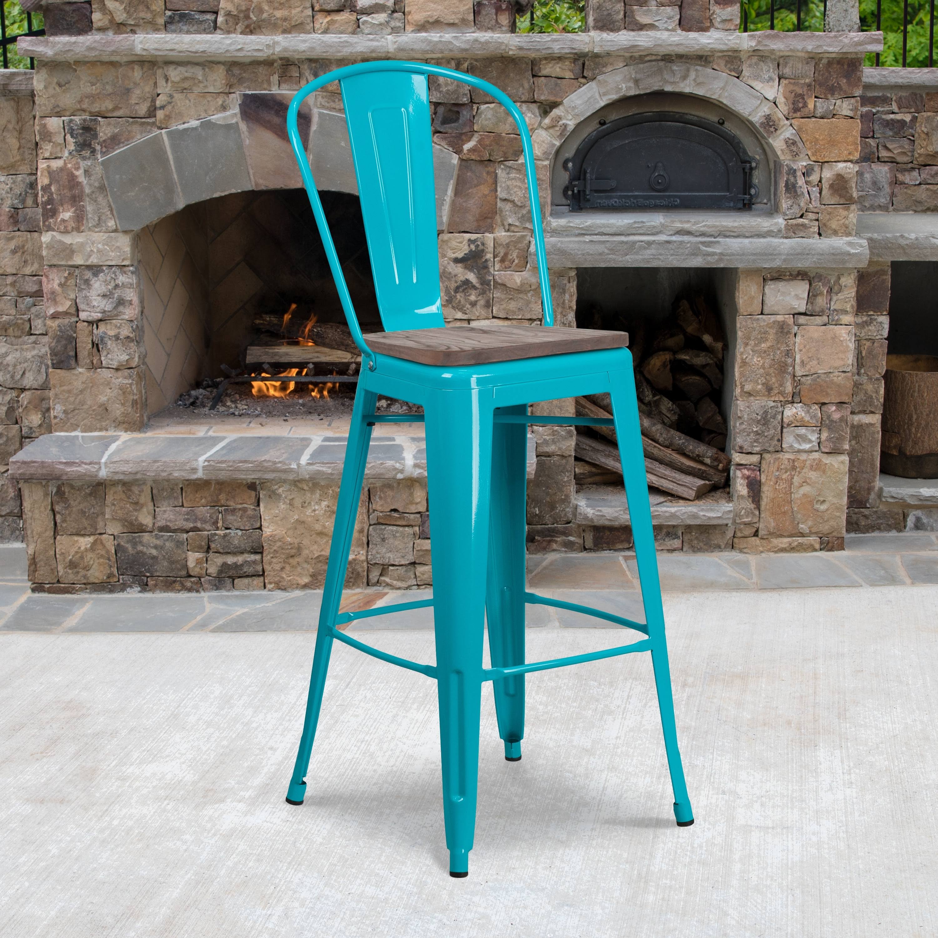 Crystal Teal-Blue Metal Barstool with Wood Seat T72422