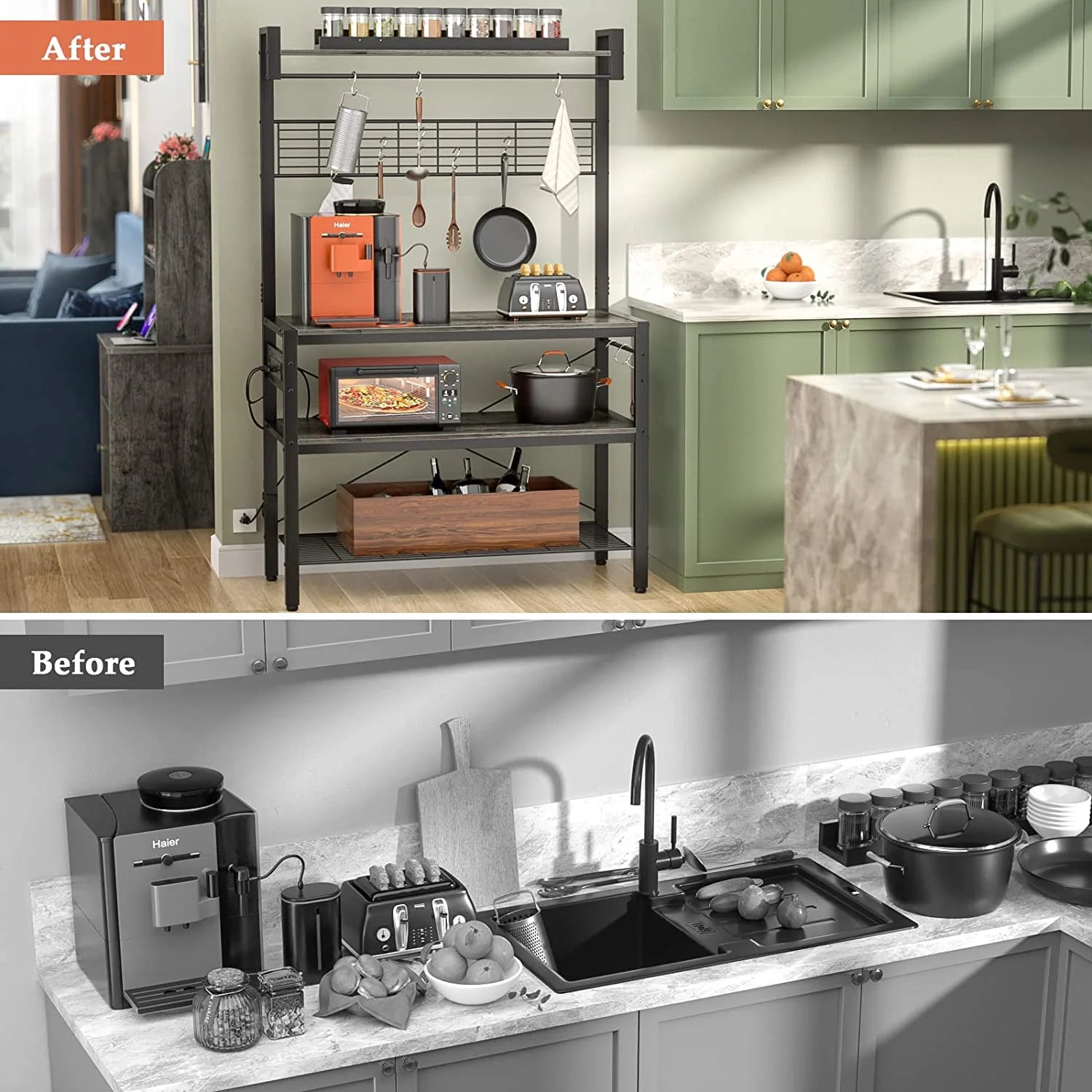 Rustic Brown 4-Tier Microwave Oven Stand with 10 Hooks E531973