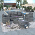 5-piece Outdoor Patio Sofa Set with Storage Bench PE Wicker Glass Table, Gray S874806