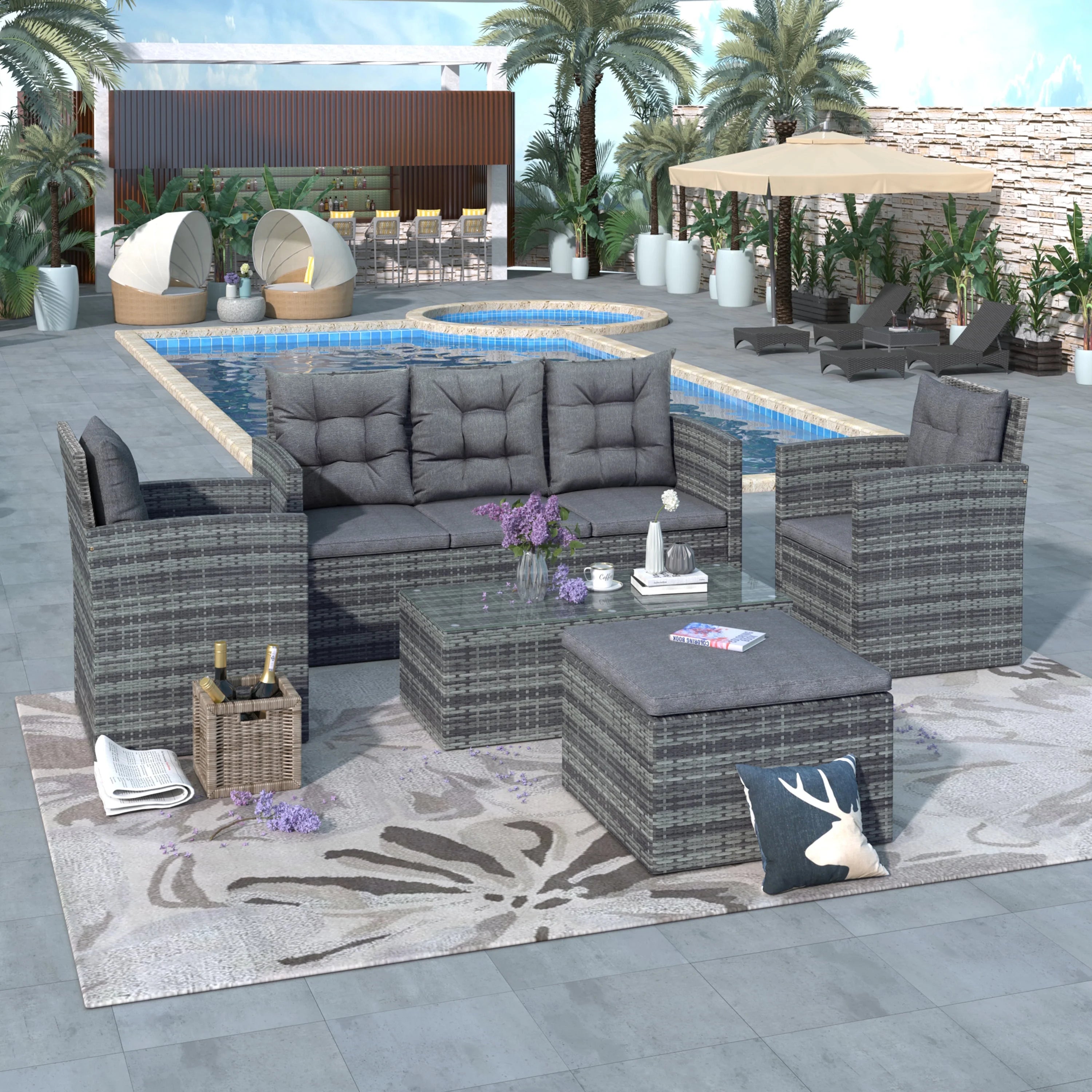 5-piece Outdoor Patio Sofa Set with Storage Bench PE Wicker Glass Table, Gray S874806