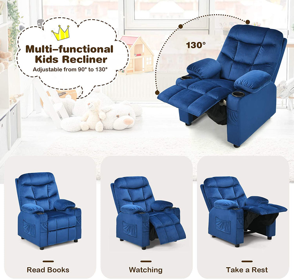 Kids Recliner Chair with Cup Holder Adjustable Velvet Lounge Chair w/Footrest & Side Pockets Ergonomic Toddler Furniture Sofa T326