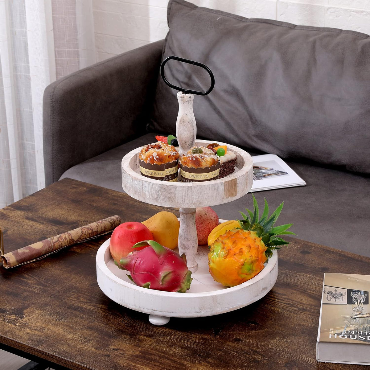 Rustic 2 Tier Cake Stand with Handle and Coaster J1562