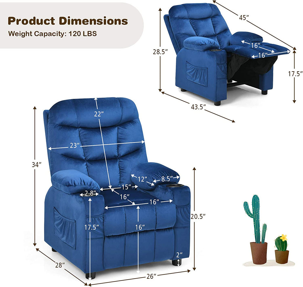 Kids Recliner Chair with Cup Holder Adjustable Velvet Lounge Chair w/Footrest & Side Pockets Ergonomic Toddler Furniture Sofa T326