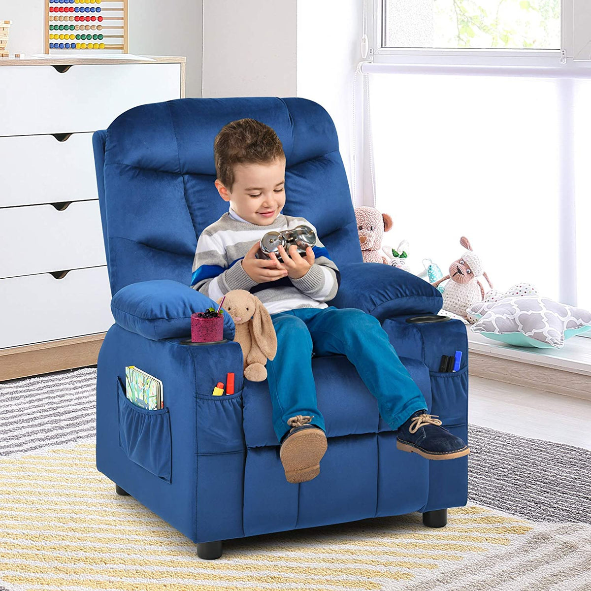 Kids Recliner Chair with Cup Holder Adjustable Velvet Lounge Chair w/Footrest & Side Pockets Ergonomic Toddler Furniture Sofa T326