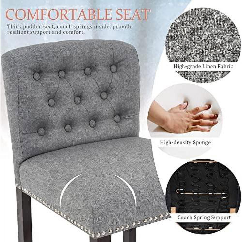 Linen Fabric Button Tufted Bar Stool with Back Solid Wood Legs G16897