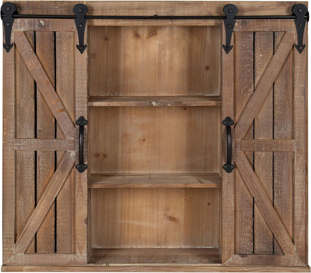 Rustic Gray Wood Wall Storage Cabinet with Two Sliding Barn Doors A549259