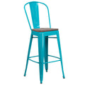 Crystal Teal-Blue Metal Barstool with Wood Seat T72422