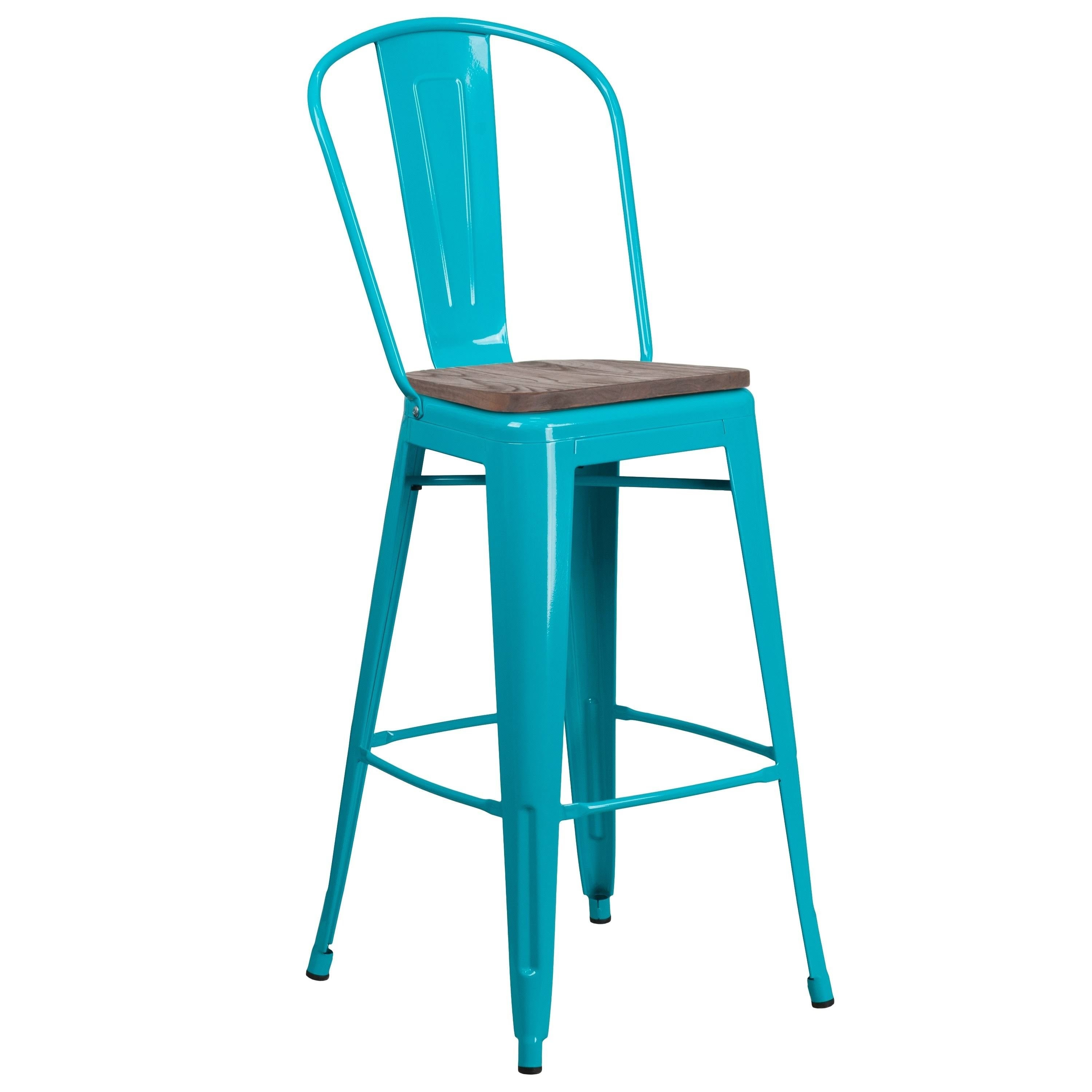 Crystal Teal-Blue Metal Barstool with Wood Seat T72422