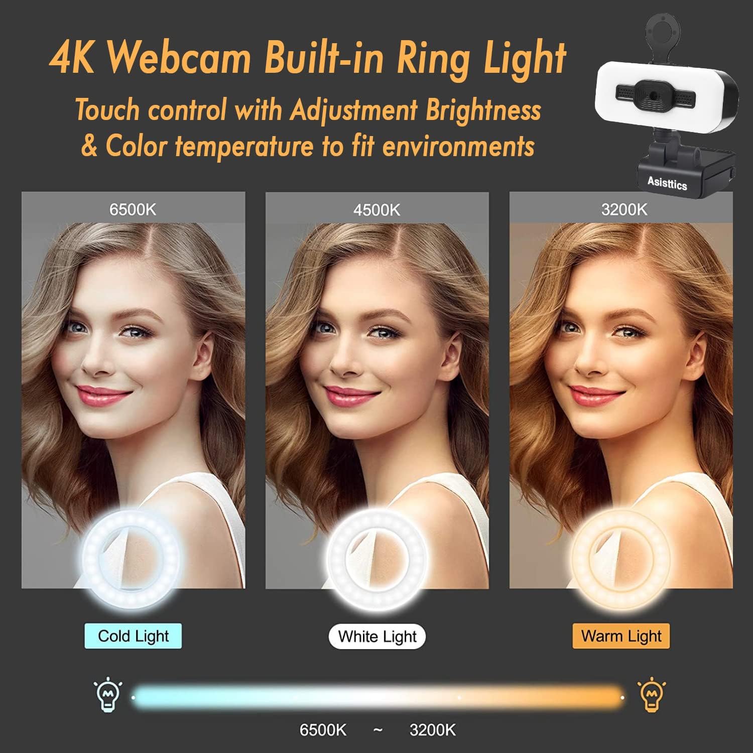 4K Webcam with Microphone and Ring Light N6882