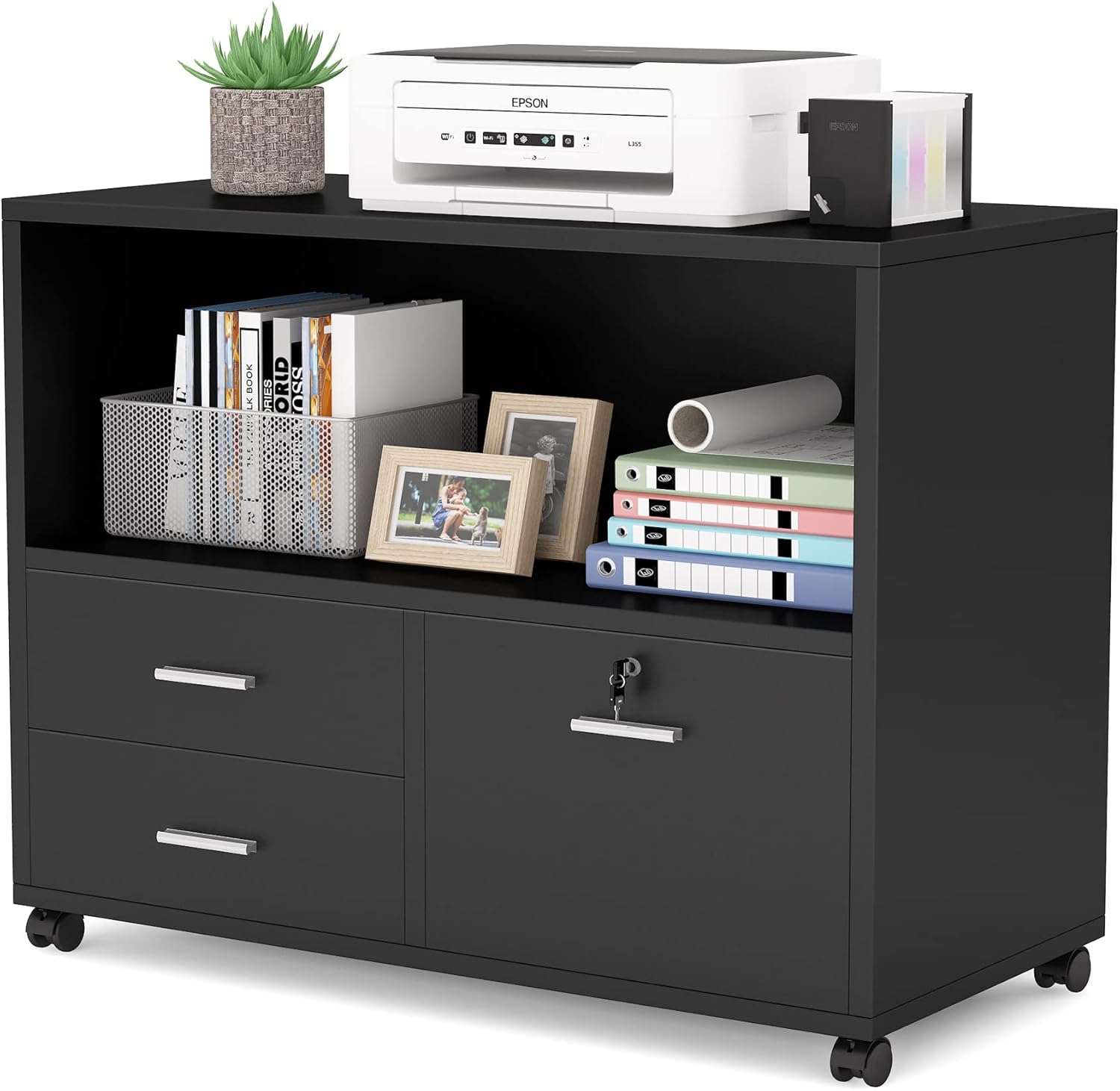 Black 3 Drawer Mobile Lateral Filing Cabinet with Lock and Rolling Wheels L236