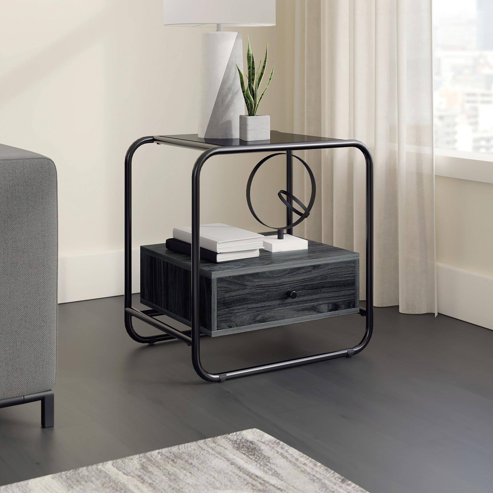 Industrial Glass Top Metal End Table A11039