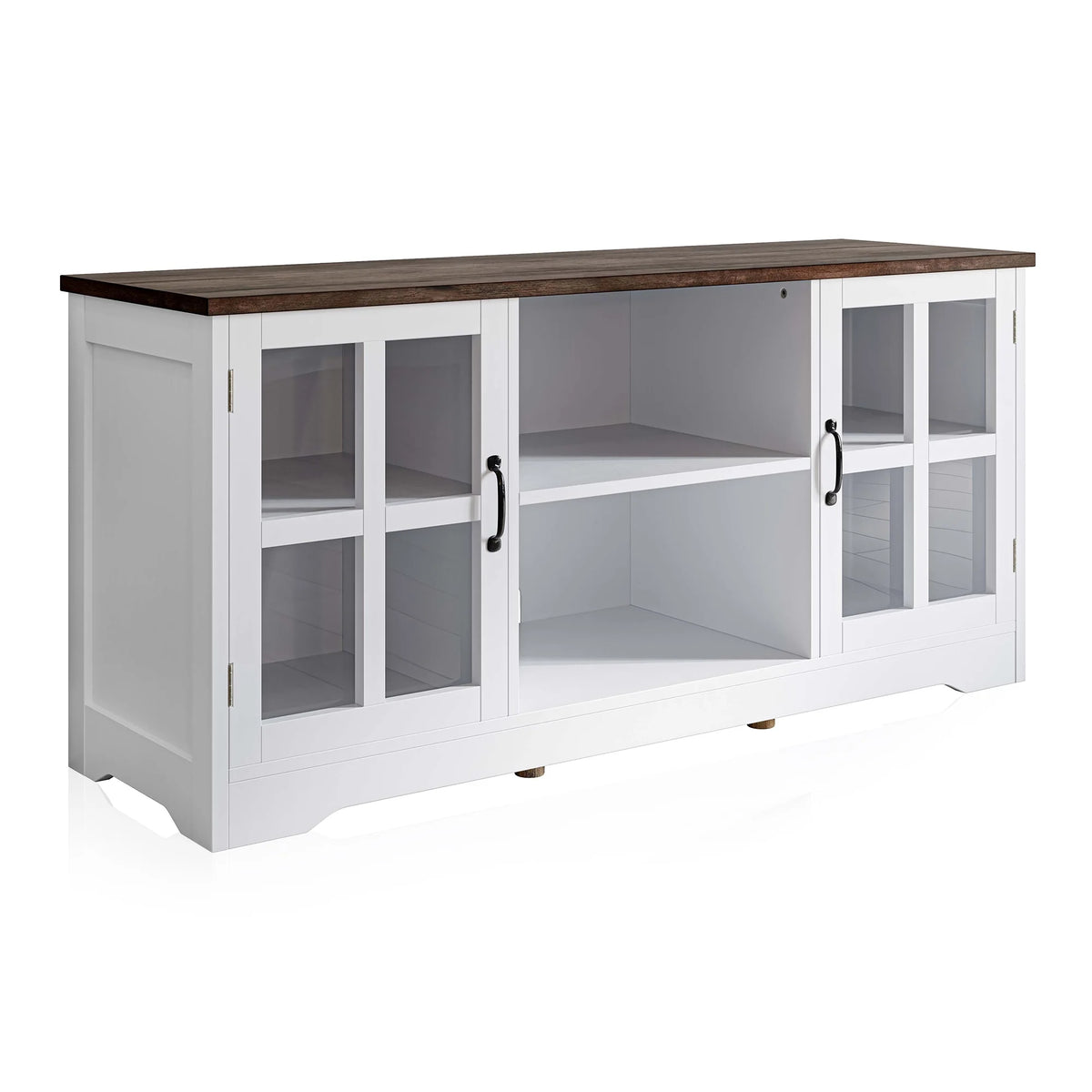 White TV Stand with Wood Glass Storage Cabinets E581011