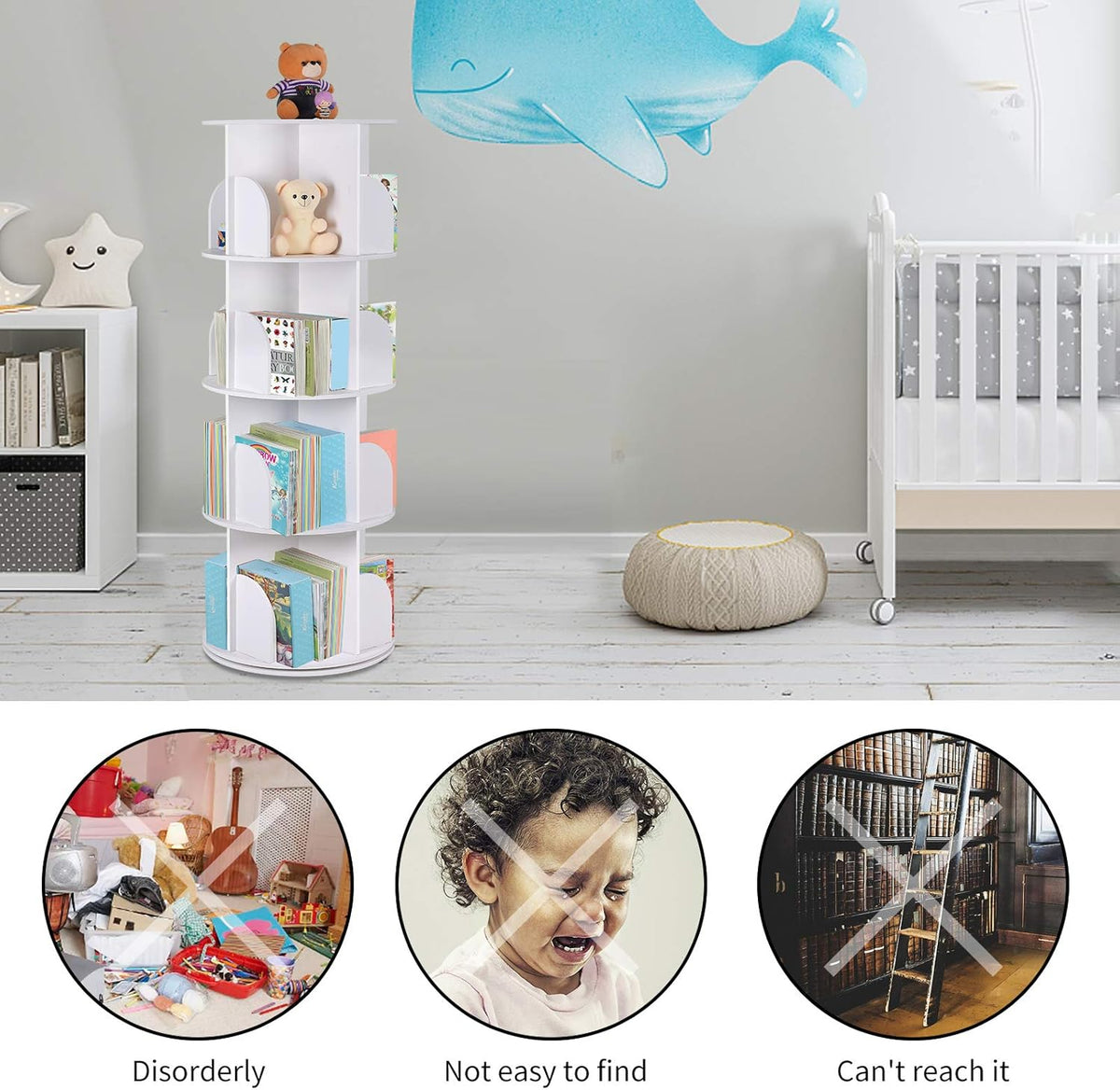White Revolving Bookshelf 360 Degree Bookcase W108