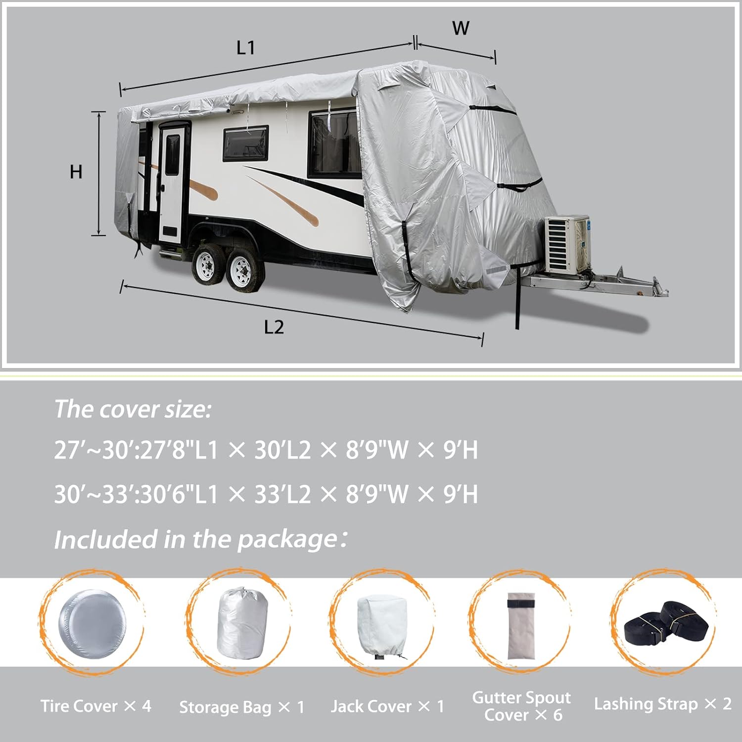 27-30' Windproof Anti-UV Camper Cover with Jack Cover and 4 Tire Covers A8594
