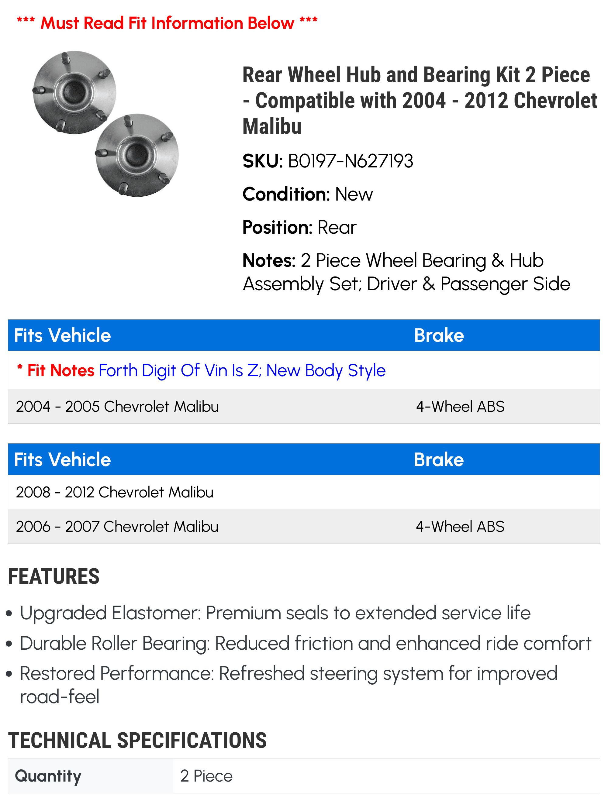 Rear Wheel Hub and Bearing Kit 2 Piece E173930