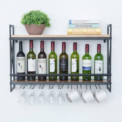 Industrial Wine Racks Wall Mounted with 8 Stem Glass Holder, Rustic Metal Hanging Wine Holder, 2-Tiers A931