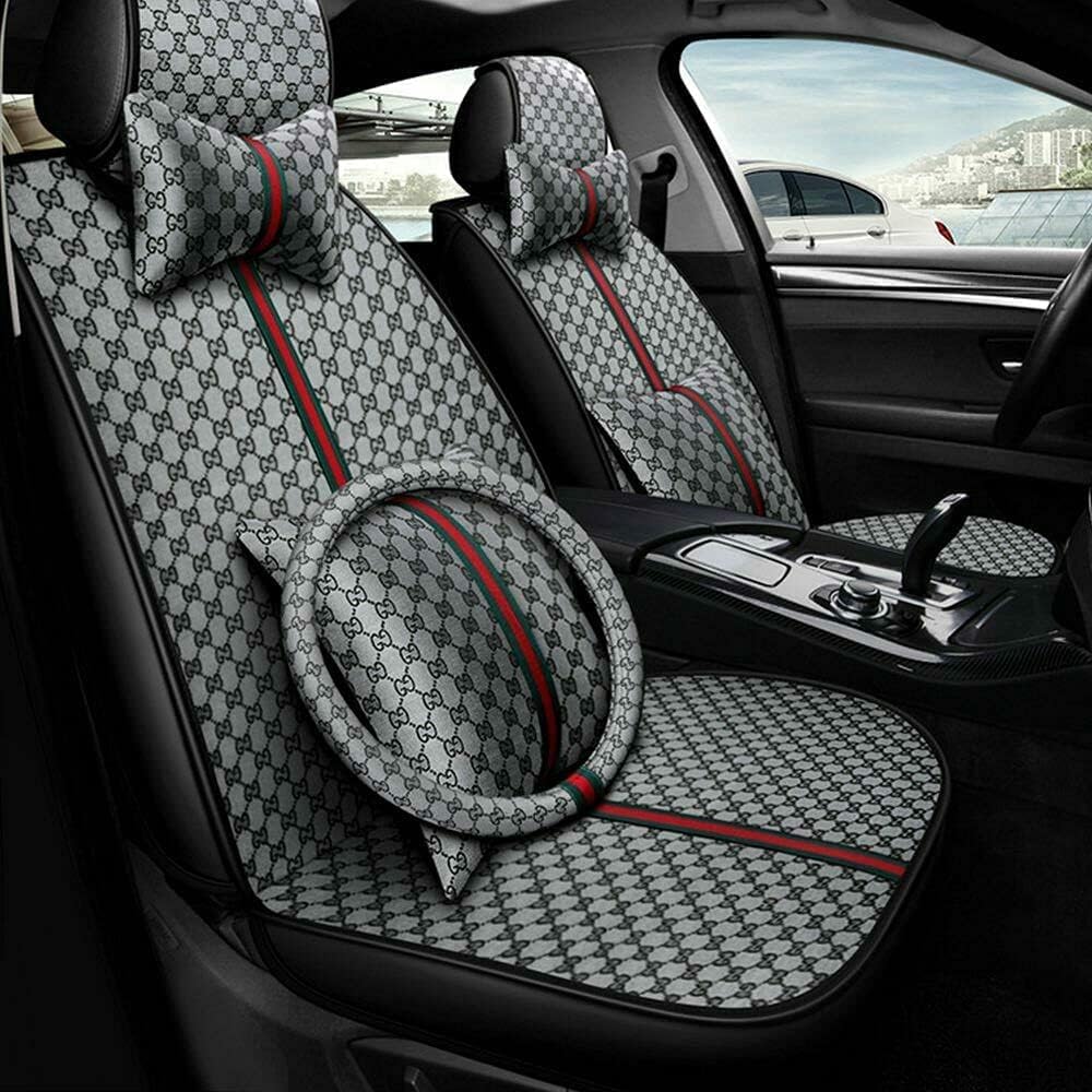 Grey Faux Leather Car Seat Covers Full Set 5 Seats Waterproof Protector O18266