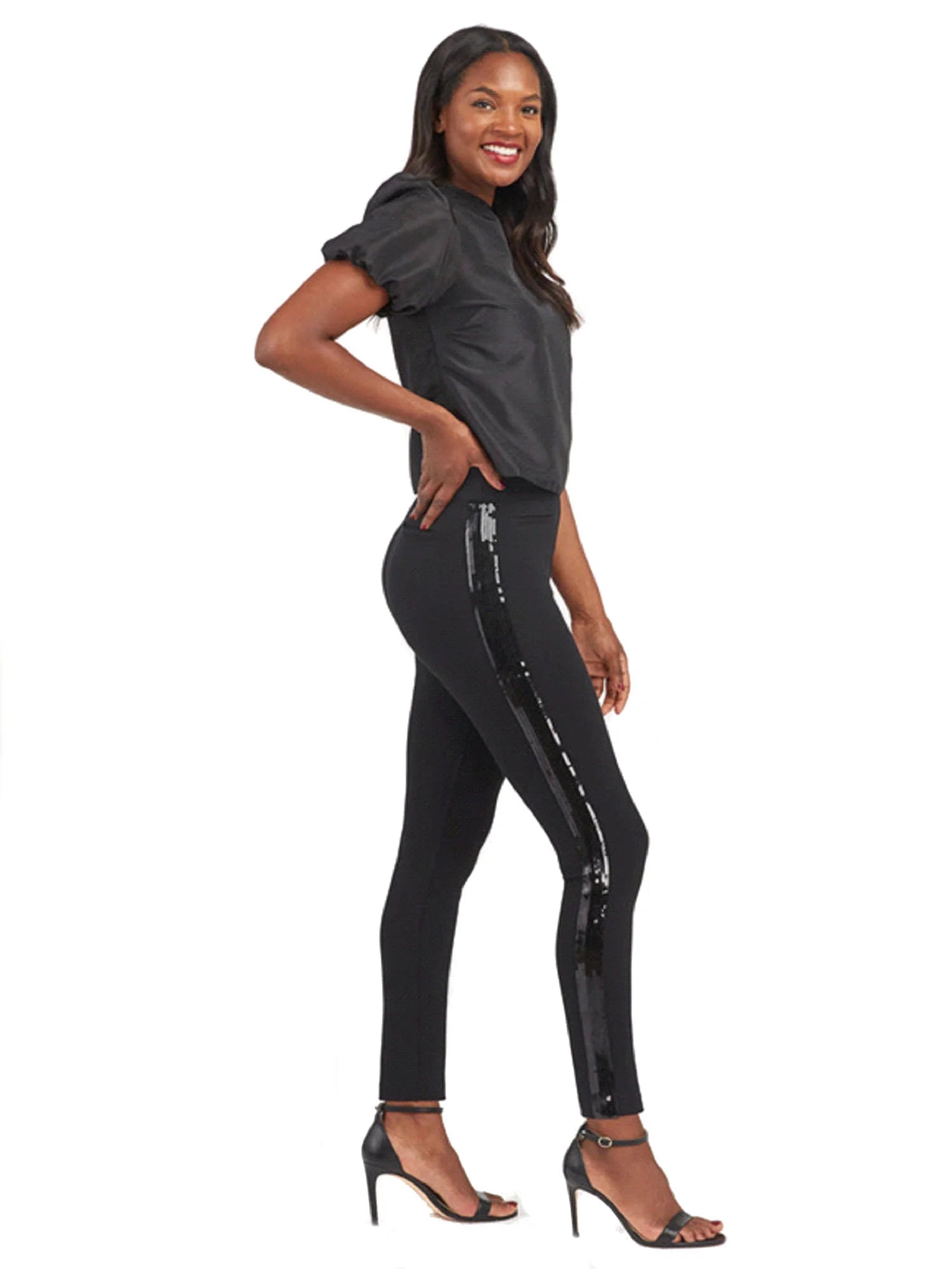 Ponte Skinny Pants with Sequin Tuxedo Legs E411