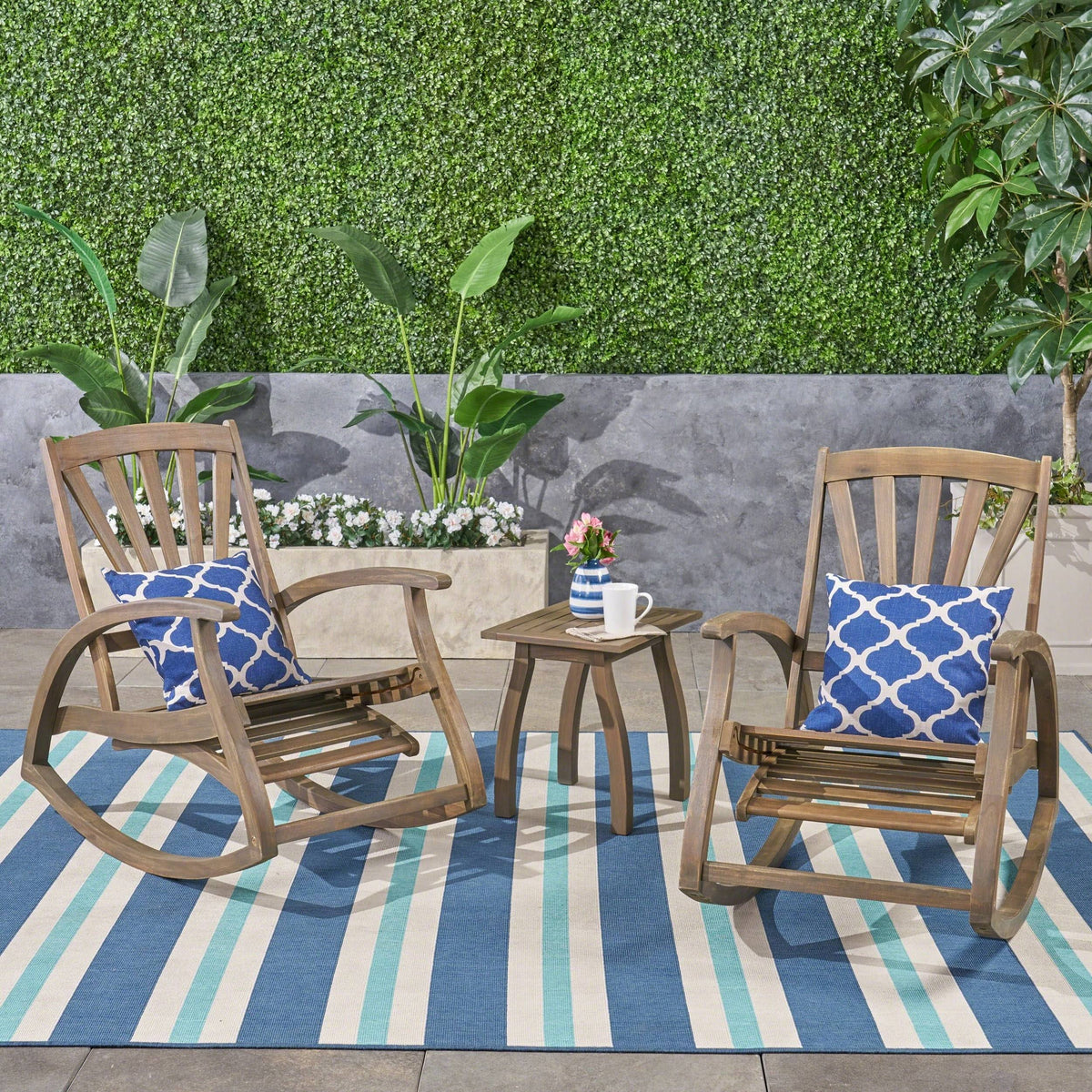 Rustic Acacia Wood Recliner Rocking Chair with Side Table B389