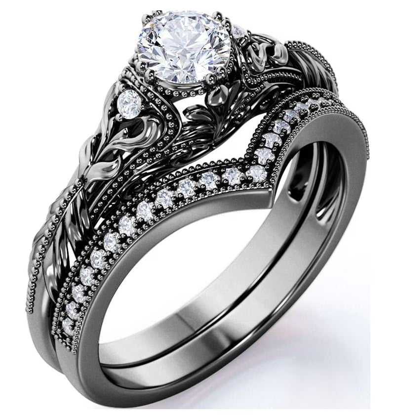 10k Black Gold Diamond Wedding Ring Set P296