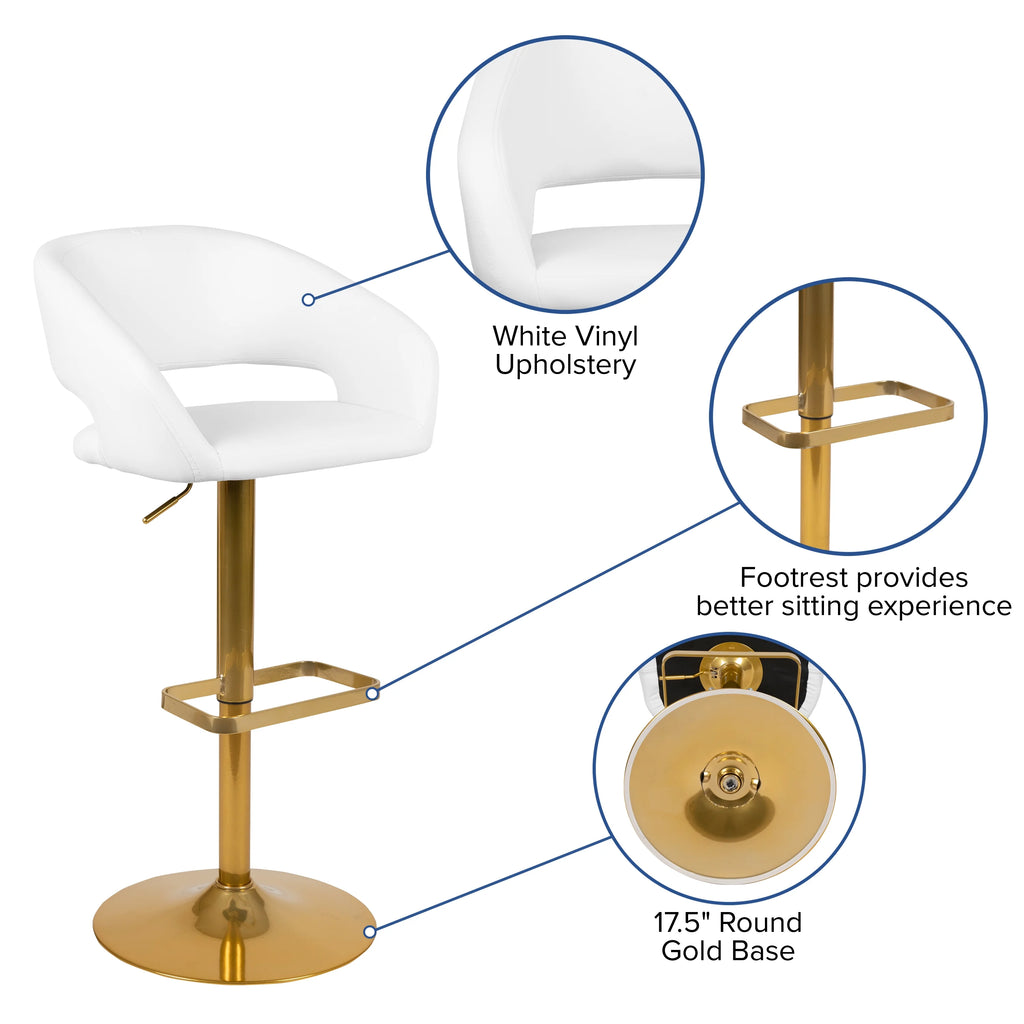 White Vinyl Upholstered Adjustable Height Barstool with Gold Pedestal Base B443347