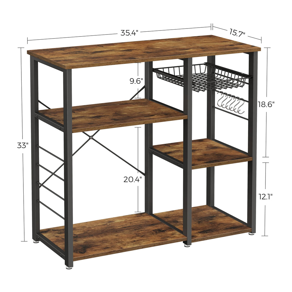 Rustic Brown Kitchen Baker’s Rack with Steel Frame Wire Basket 6 Hooks U3691